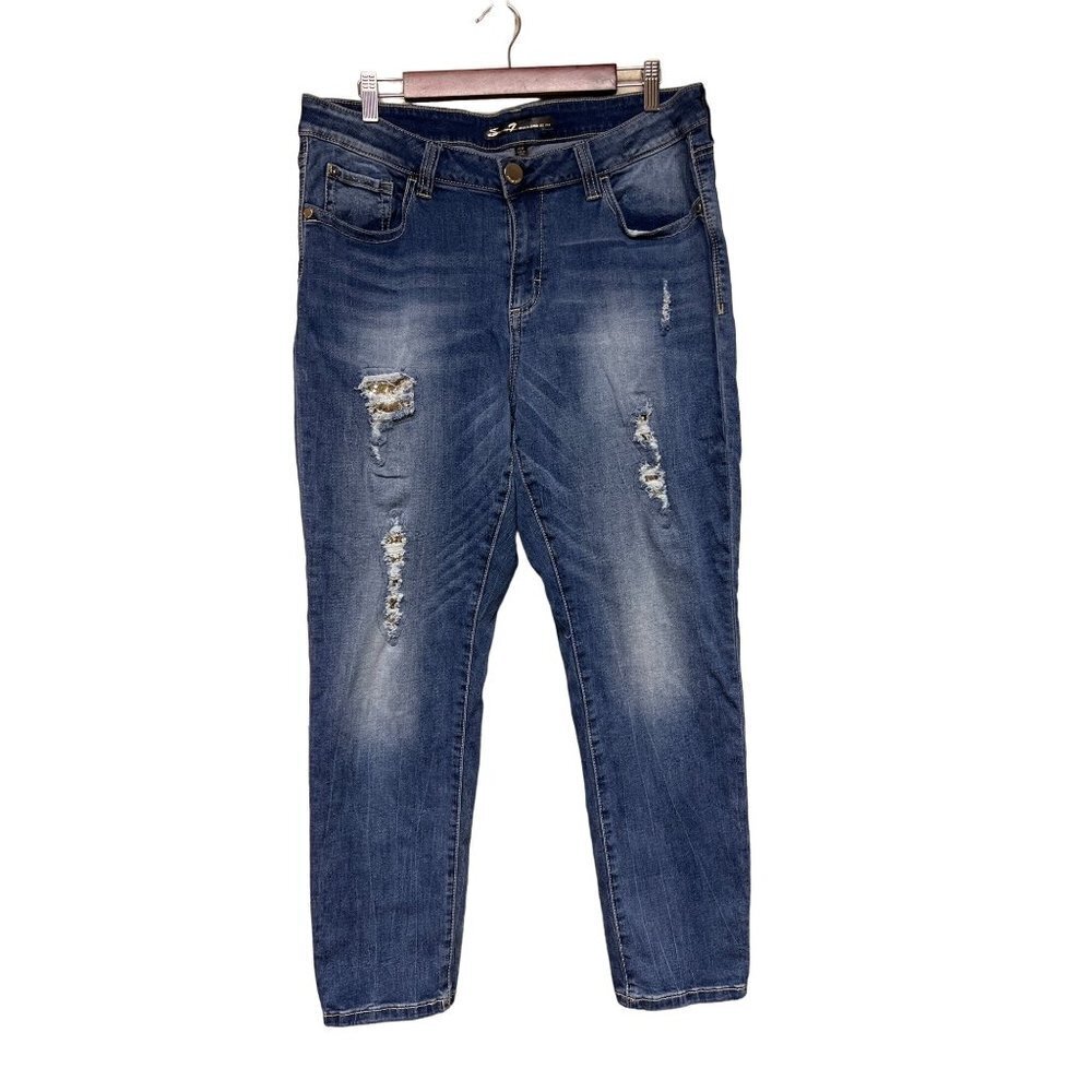 Seven7 Ankle Skinny Distressed Sequin Detail Denim Blue Jeans Women's Size 16